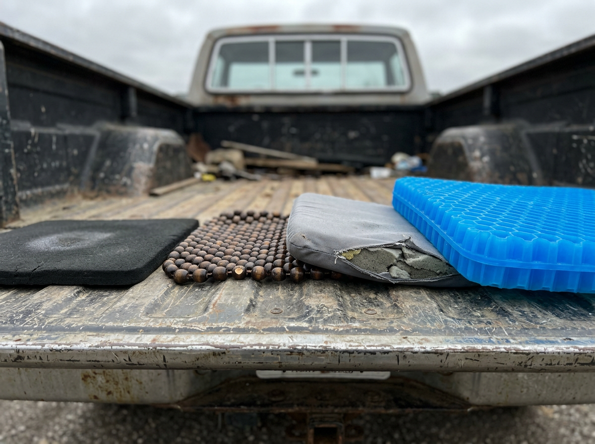 Four seat pads side by side on a tailgate, Wovaire Gel+ the tallest at 2.4 inches