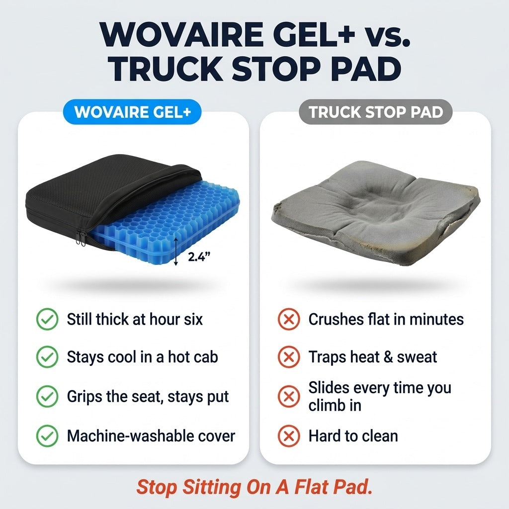 Wovaire Gel+ vs. a truck stop pad: stays thick, stays cool, grips the seat, machine-washable cover
