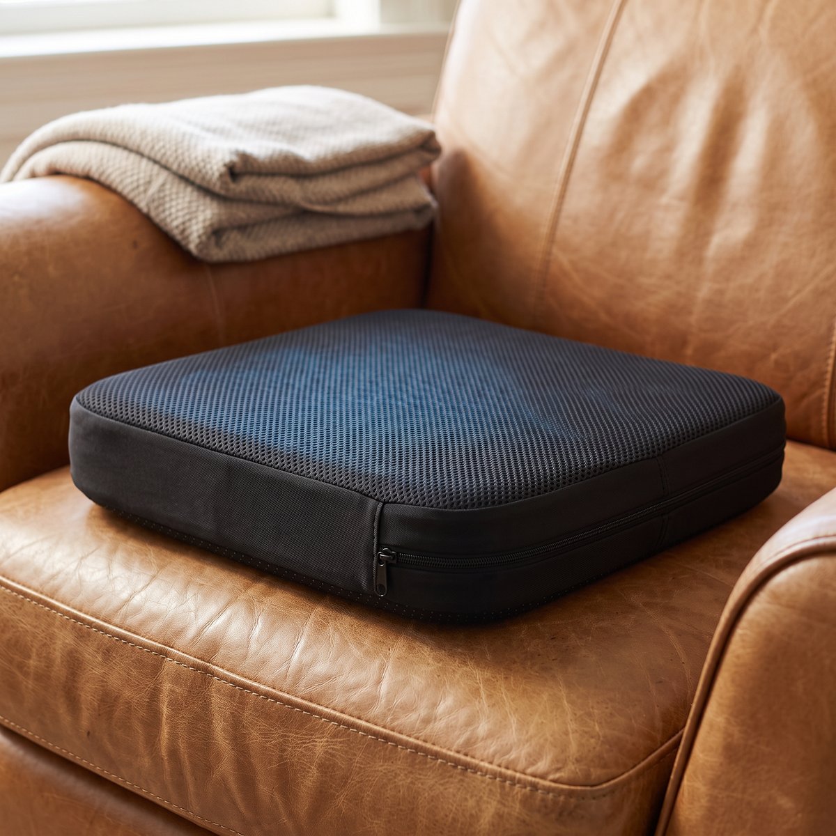 Wovaire Gel+ with its black zip cover on a leather recliner