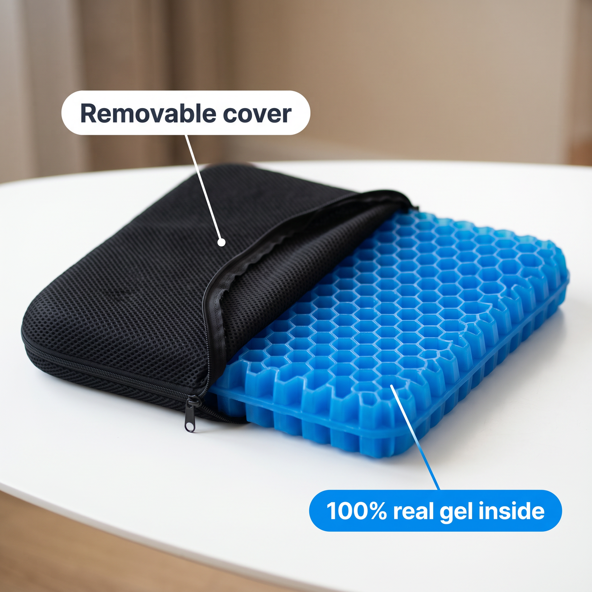 Zip-off cover with the blue honeycomb gel inside
