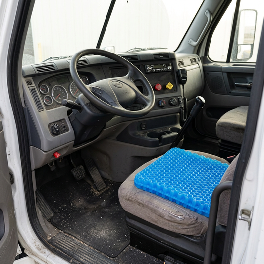 Wovaire Gel+ 2.4 inch gel cushion on a semi truck driver's seat