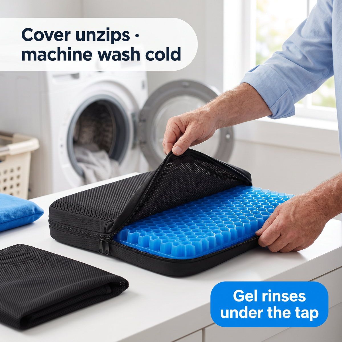 Cover unzips and goes in the washing machine on cold